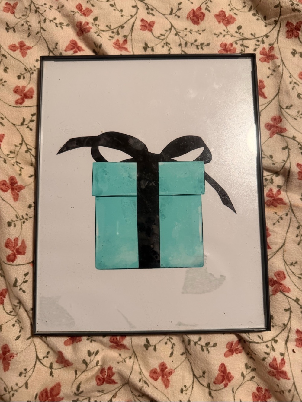 Aqua Gift Box Wall Art Print with Black Ribbon - Home Wall Decor
